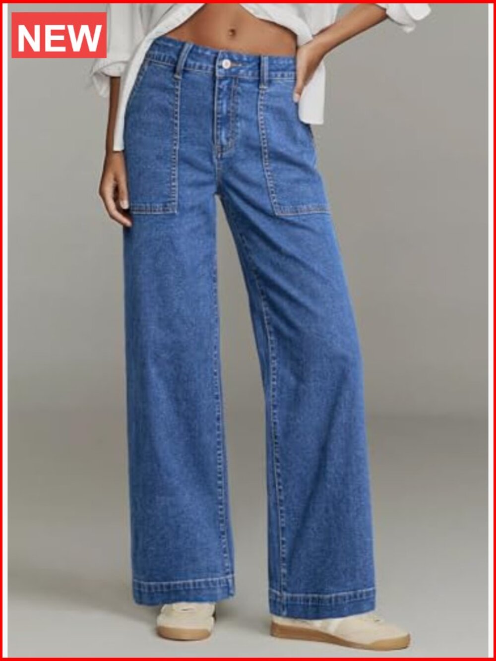 High Waisted Stretch Loose Fit Colorblock Denim Pants with Pocket - Picture 2 of 5